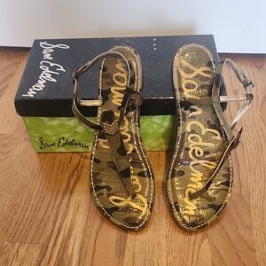 Sam Edelman Metallic Olive & Camo T-Strap Sandals